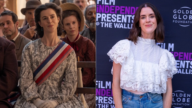 Left: Mary Holland as Jemma James in Netflix's "Little House on the Prairie." Right: Mary Holland at an event wearing a white top and jeans in 2026.