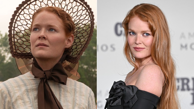 Left: Crosby Fitzgerald as Caroline Ingalls in Netflix's "Little House on the Prairie." Right: Crosby Fitzgerald on a red carpet wearing a black top.