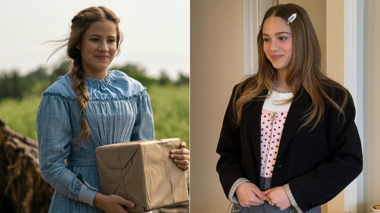Left: Skywalker Hughes as Mary Ingalls in Netflix's "Little House on the Prairie." Right: Skywalker Hughes wearing a black jacket and barrettes in her hair.
