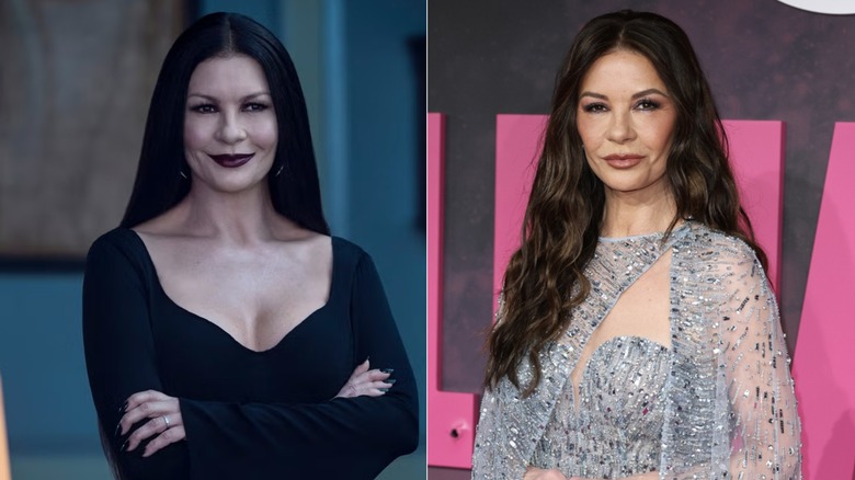 (L) Catherine Zeta-Jones as Morticia Addams in the Netflix series "Wednesday," (R) Catherine Zeta-Jones posing on the red carpet for the "Kill Jackie" 2026 premiere