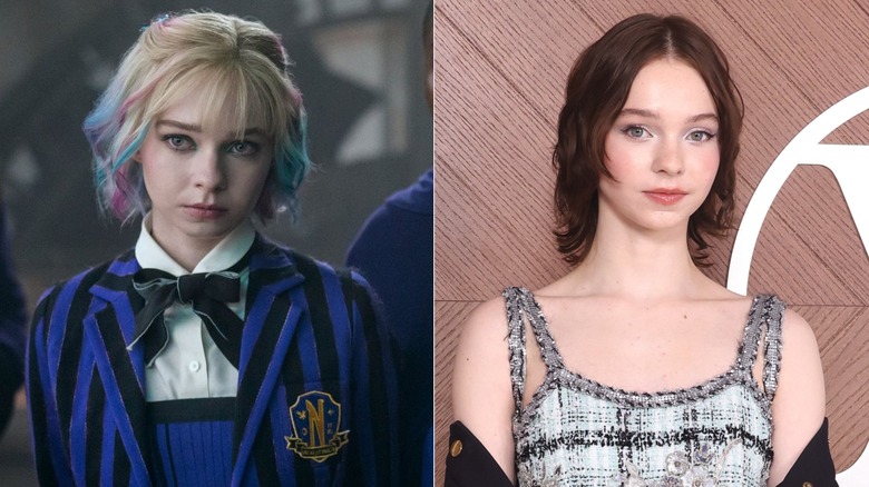 (L) Emma Myers as Enid Sinclair in the Netflix series "Wednesday," (R) Emma Myers posing during Paris Fashion Week in 2025