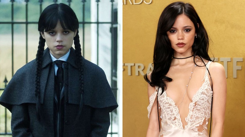(L) Jenna Ortega as Wednesday Addams in the Netflix series "Wednesday," (R) Jenna Ortega posing on the red carpet of the 2026 Actor Awards