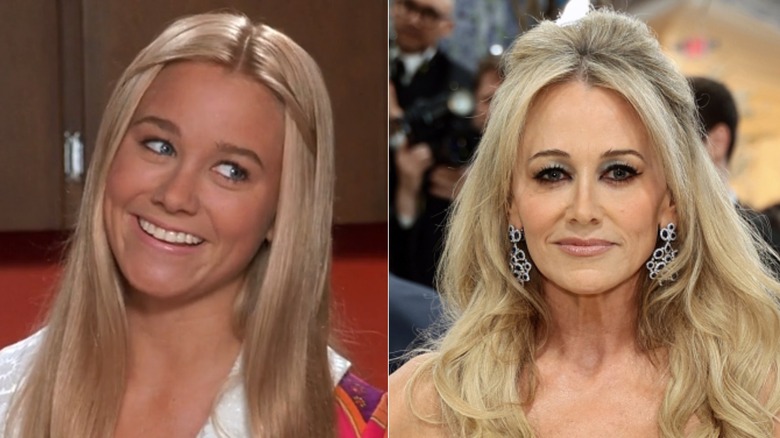 Side-by-side image of Christine Taylor as Marcia Brady on the left and at the 2026 Met Gala with her hair up wearing statement earrings on the right.