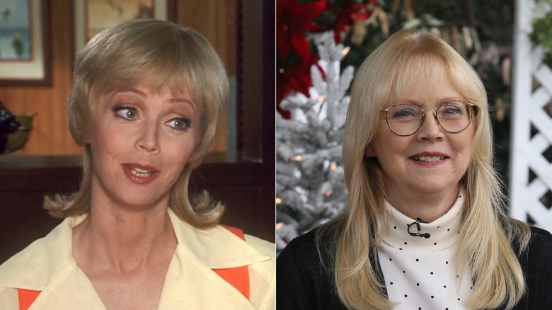 Side-by-side image of Shelley Long as Carol Brady on the left and wearing a polka-dot turtleneck and black blazer in 2017 on the right.