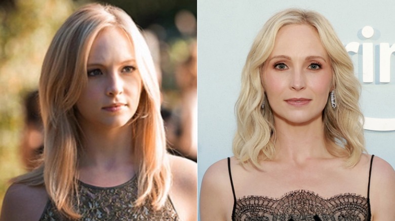 Candice King as Caroline Forbes in "The Vampire Diaries" on the left and with a soft, curly lob at a red carpet event on the right.