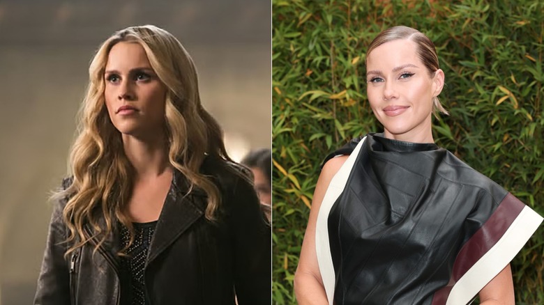 Claire Holt in "The Vampire Diaries" on the left and with her hair slicked-back at Milan Fashion Week in 2026 on the right.