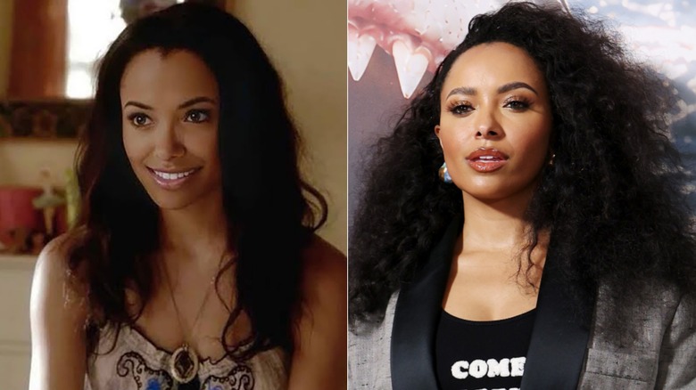 Kat Graham as Bonnie Bennett in "The Vampire Diaries" with sleek hair on the left and with burly hair wearing a gray blazer on the right.