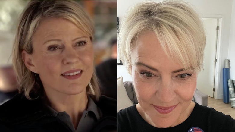 Marguerite MacIntyre as Liz Forbes in "The Vampire Diaries" on the left and in an Instagram selfie in 2025 on the right.