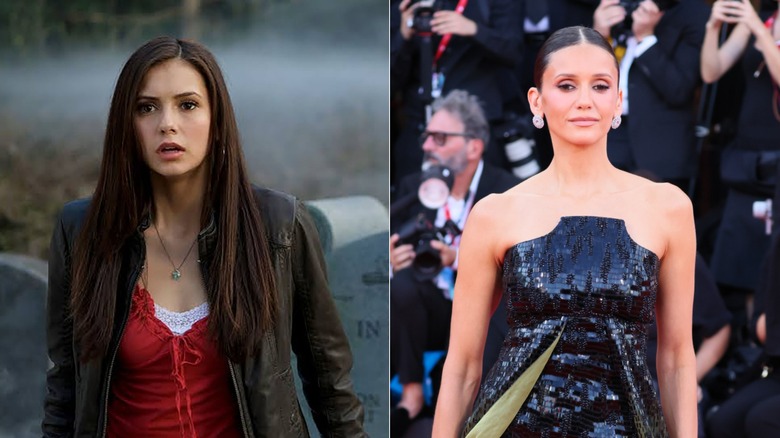 Nina Dobrev in "The Vampire Diaries" on the left and wearing a black sequin gown at the Ink premiere red carpet.