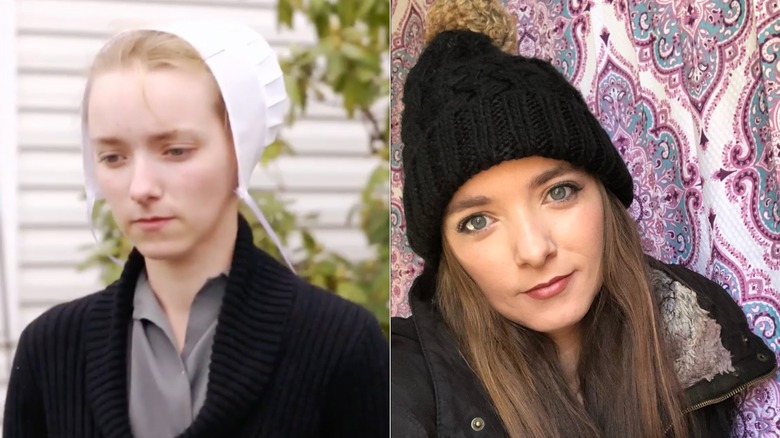 Rebecca Schmucker (L) wearing a white bonnet. Rebecca Schmucker (R) wearing makeup and a black beanie.