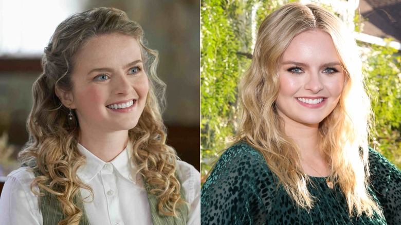 Side-by-side photos of Andrea Brooks in character on When Calls the Heart (left) and as herself (right)