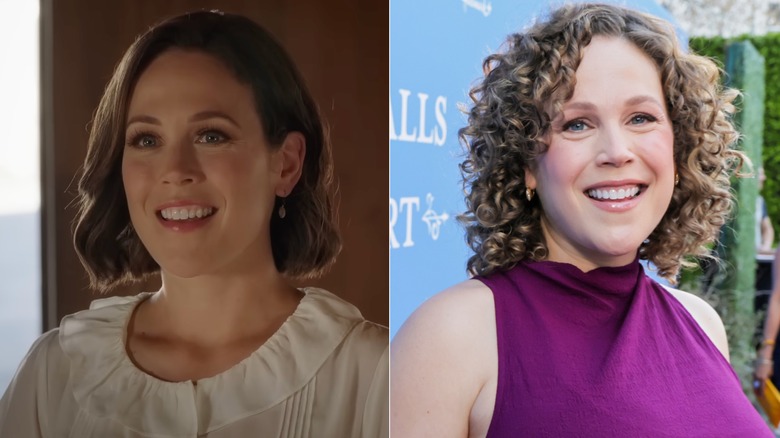 Side-by-side photos of Erin Krakow in character on When Calls the Heart (left) and as herself on the red carpet (right)