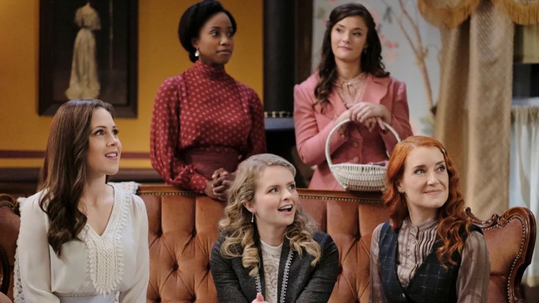 A still photo of female cast members from a scene of the Hallmark Channel's When Calls the Heart series