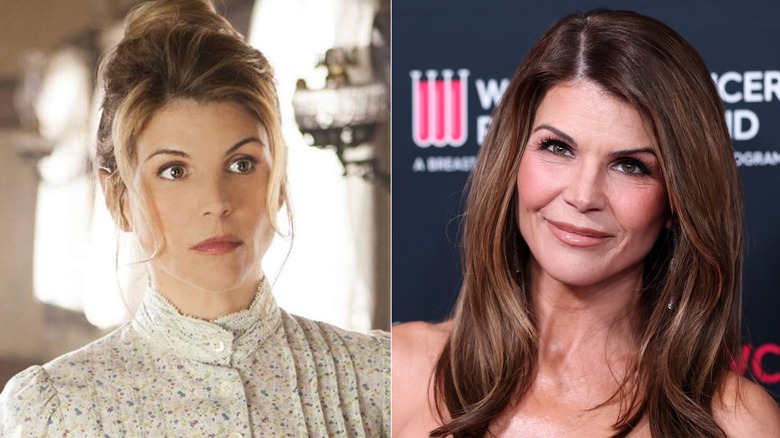 Side-by-side photos of Lori Loughlin in character on When Calls the Heart (left) and as herself on the red carpet (right)