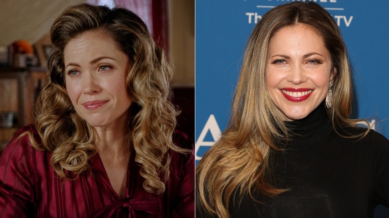 Side-by-side photos of Pascale Hutton in character on When Calls the Heart (left) and as herself on the red carpet (right)