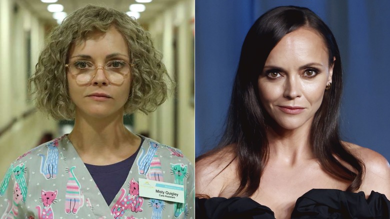 Side-by-side photos of Christina Ricci as Yellowjackets character (left) and as herself on the red carpet (right)