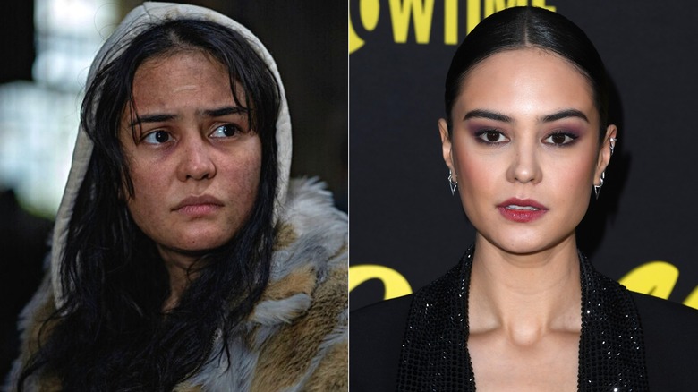 Side-by-side photos of Courtney Eaton as her Yellowjackets character (left) and as herself on the red carpet (right)