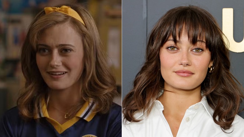 Side-by-side photos of Ella Purnell as her Yellowjackets character (left) and as herself on the red carpet (right)