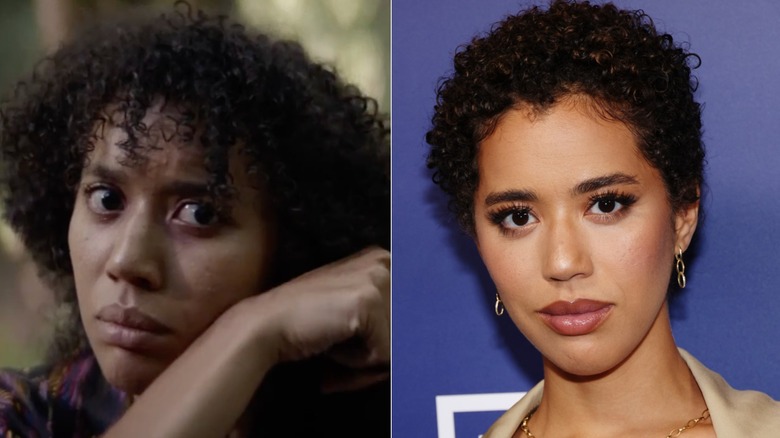 Side-by-side photos of Jasmin Savoy Brown as her Yellowjackets character (left) and as herself on the red carpet (right)
