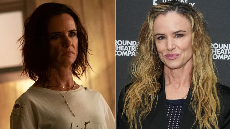 Side-by-side photos of Juliette Lewis as her Yellowjackets character (left) and as herself on the red carpet (right)