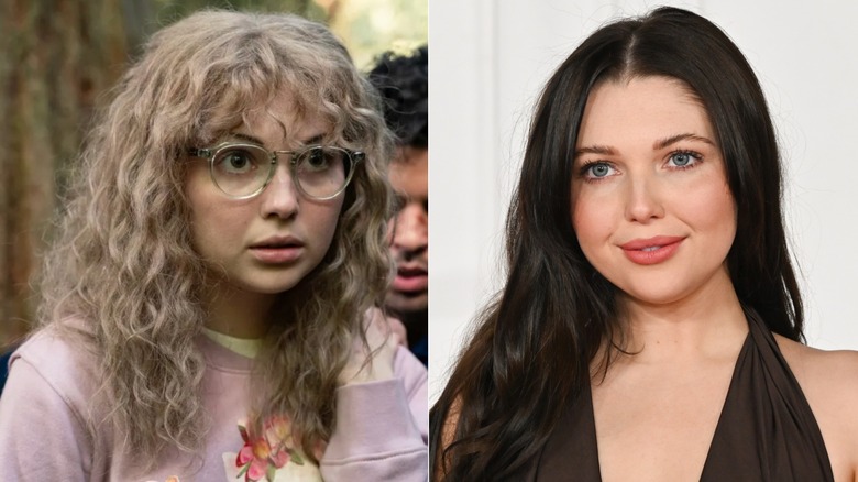 Side-by-side photos of Sammi Hanratty as Yellowjackets character (left) and as herself on the red carpet (right)
