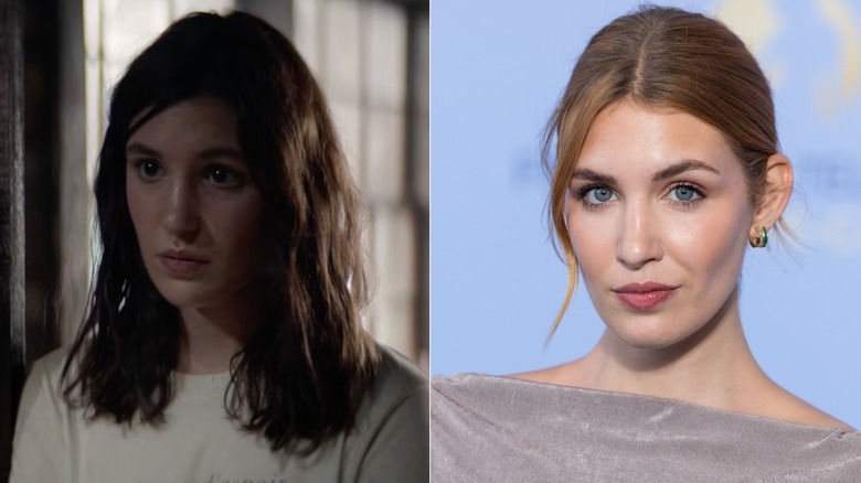 Side-by-side photos of Sophie Nélisse as her Yellowjackets character (left) and as herself on the red carpet (right)