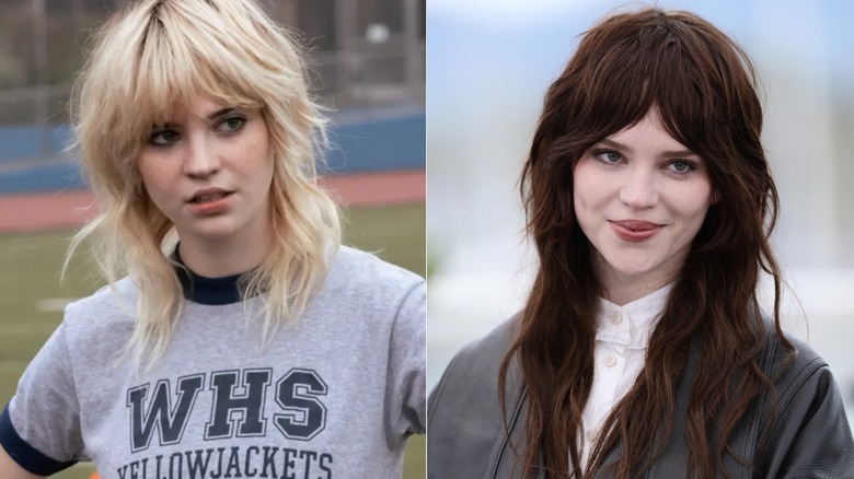 Side-by-side photos of Sophie Thatcher as her Yellowjackets character (left) and as herself on a red carpet (right)