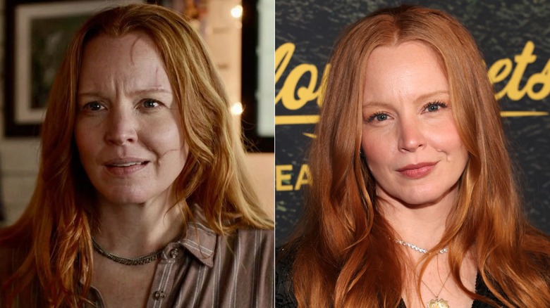 Side-by-side photos of Lauren Ambrose as her Yellowjackets character (left) and as herself on the red carpet (right)