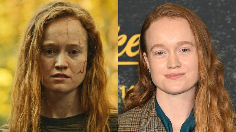 Side-by-side photos of Liv Hewson as their Yellowjackets character (left) and as themselves on the red carpet (right)
