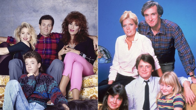 Side-by-side photos of the cast of 'Married...With Children' (left) and 'Family Ties' (right).