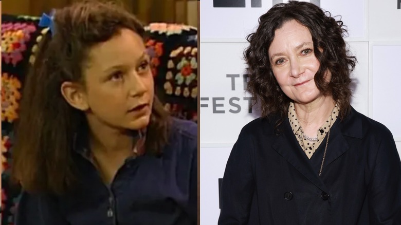 Side-by-side photos of Sara Gilbert as a chid actor on Roseanne (left) compared to a 2026 red carpet shot (right).