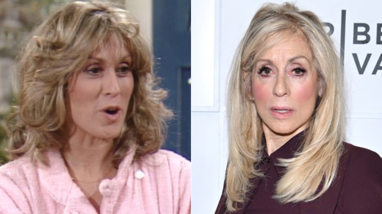 Judith Light in an episode of "Who's the Boss" on the left and with long straight hair wearing a burgundy blouse in 2026 on the right.