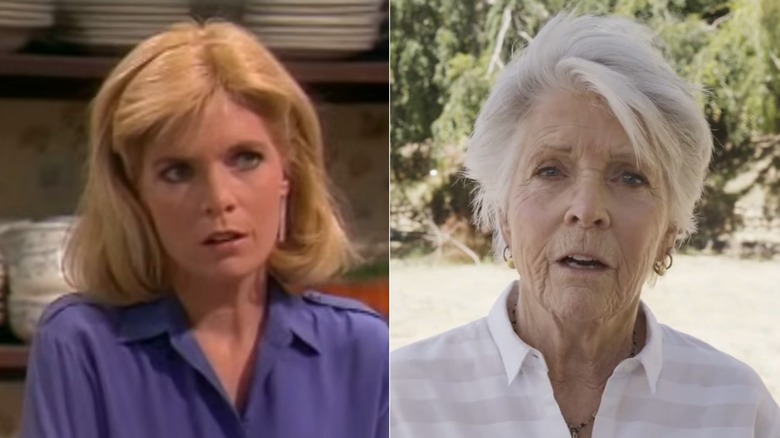 Meredith Baxter on an episode of "Family Ties" on the left and with short hair wearing a light striped shirt in 2025 on the right.