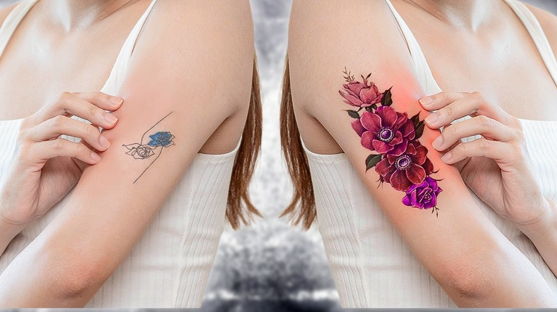 Before and after of woman's tattoo cover up