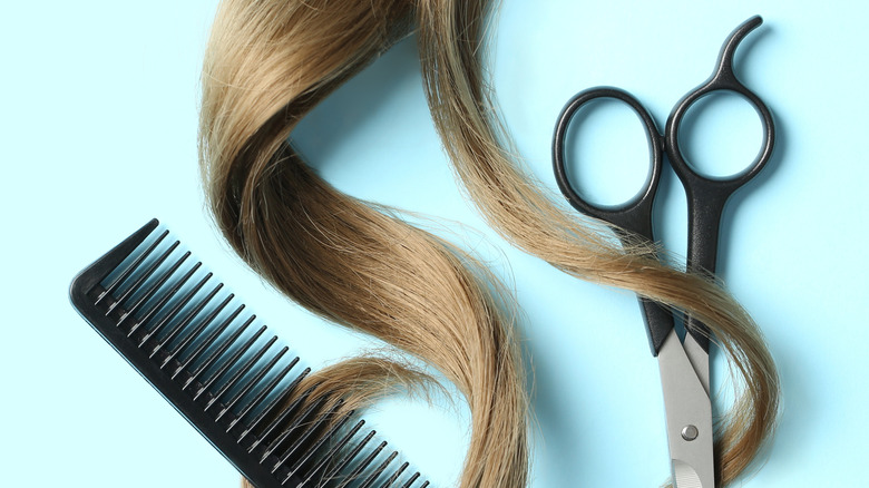 Locks of hair around comb and scissors