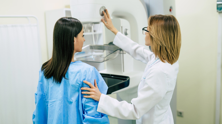 Woman receiving a mammogram