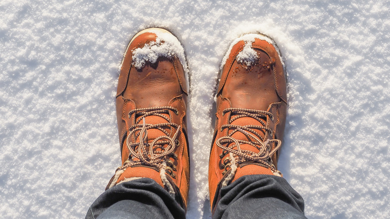 Top-down view of boots in snow