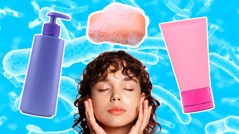 Woman surrounded by beauty products