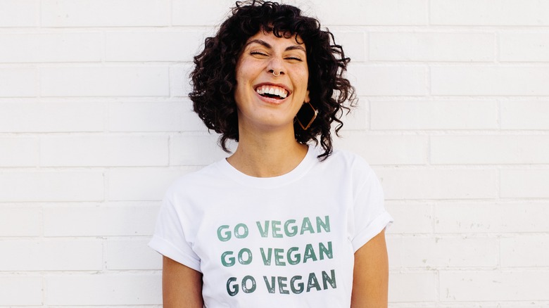 woman in vegan shirt