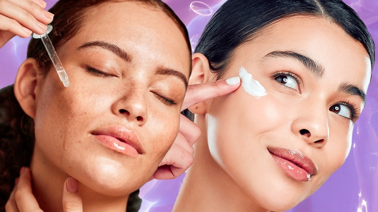 women applying serum and sunscreen