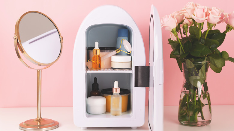 skincare mini fridge sitting between flowers and a mirror