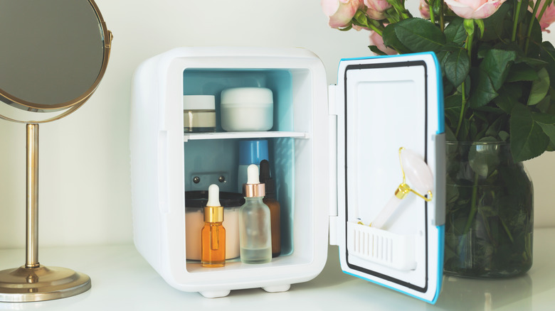 mini fridge on vanity table