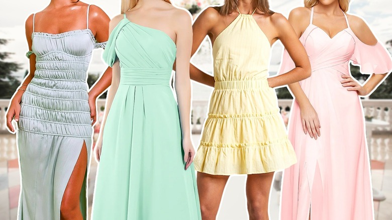 Four women in pastel dresses