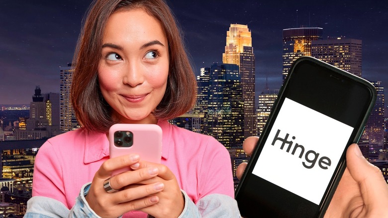 Woman using Hinge in big city