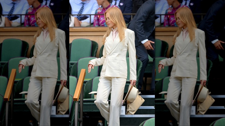 Nicole Kidman pictured at Wimbledon 2026 wearing a white pants suit