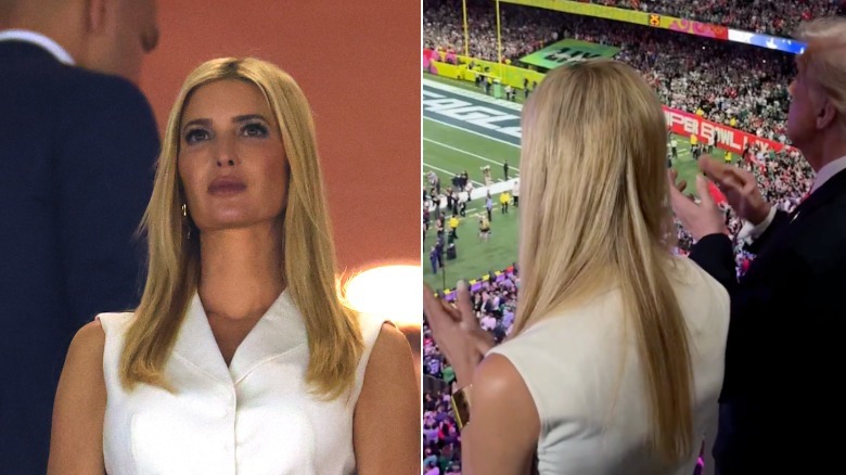 Ivanka Trump at the 2025 Super Bowl with hair extensions sticking out unflatteringly