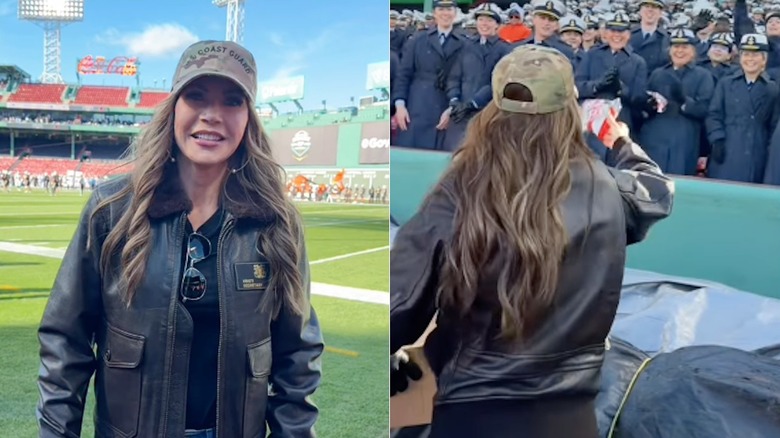 Kristi Noem with uneven hair extensions while visiting the Coast Guard in 2025.