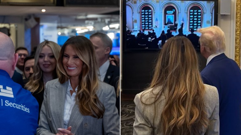 Melania Trump with poorly-blended hair extensions standing with Donald Trump.