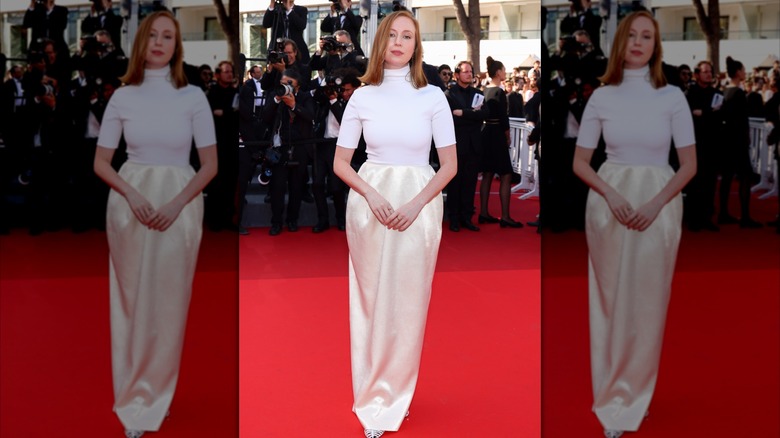 Hannah Einbinder wearing a terribly styled custom Celine white dress at the 2026 Cannes Film Festival