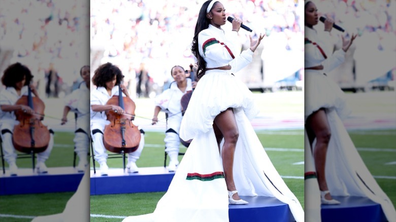 Coco Jones performing at the Super Bowl